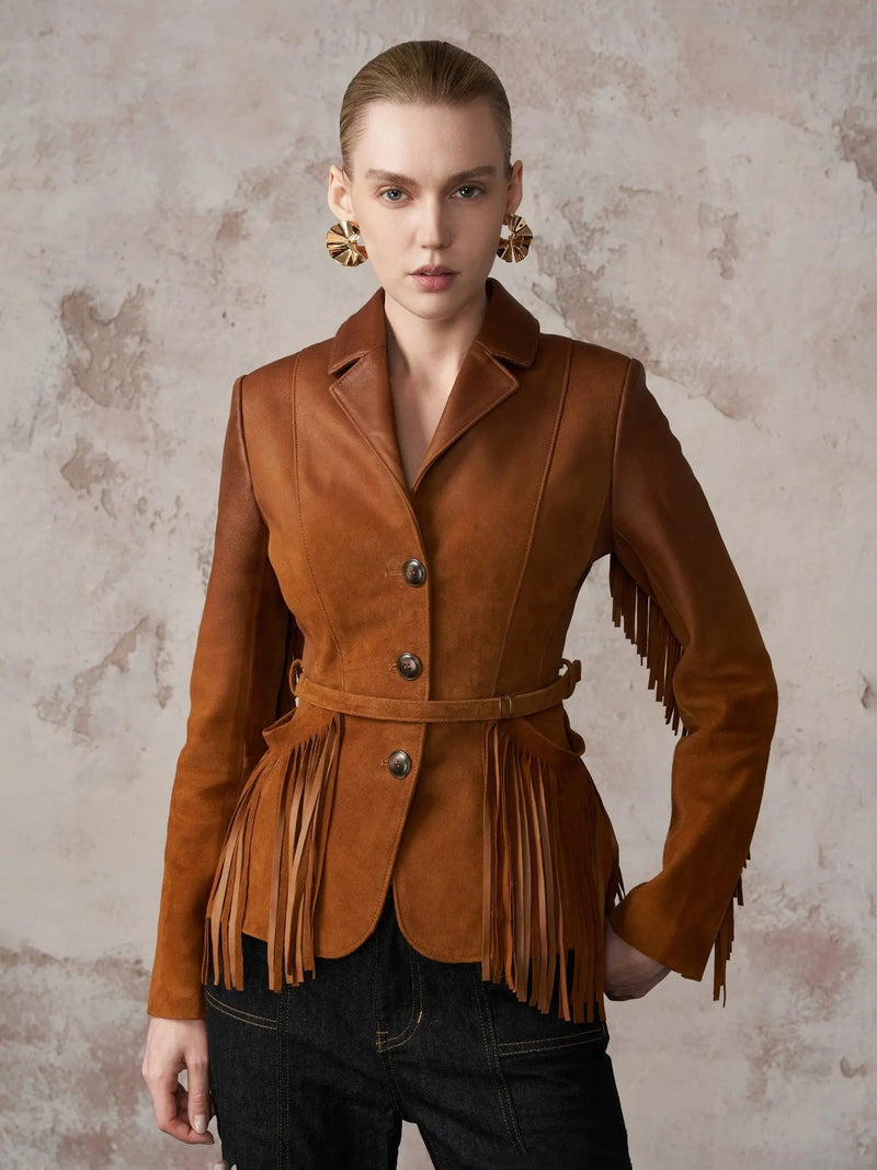 HSW Fringe Riding Jacket in goat leather and ombre suede — front view