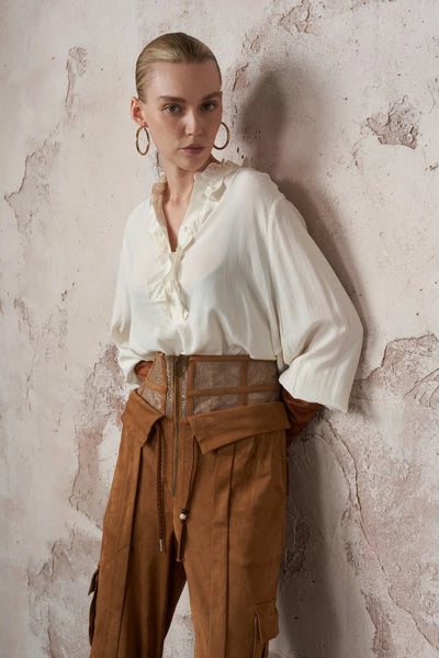 HSW Corset-Waist Suede Trouser metallic lace panel detail