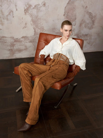 HSW Corset-Waist Suede Trouser wide pleated leg with cuffed hem
