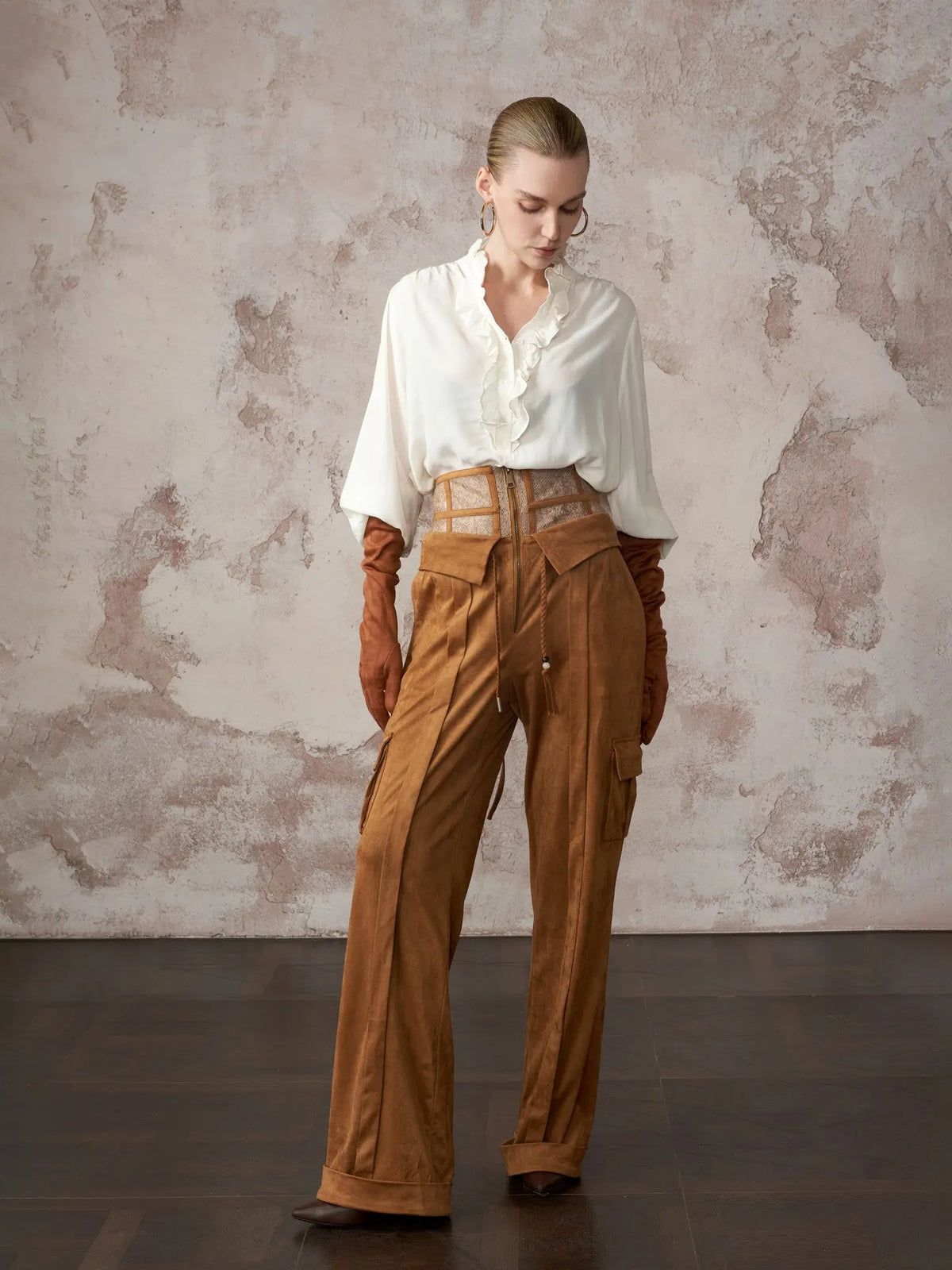 HSW Corset-Waist Suede Trouser back lace-up closure detail