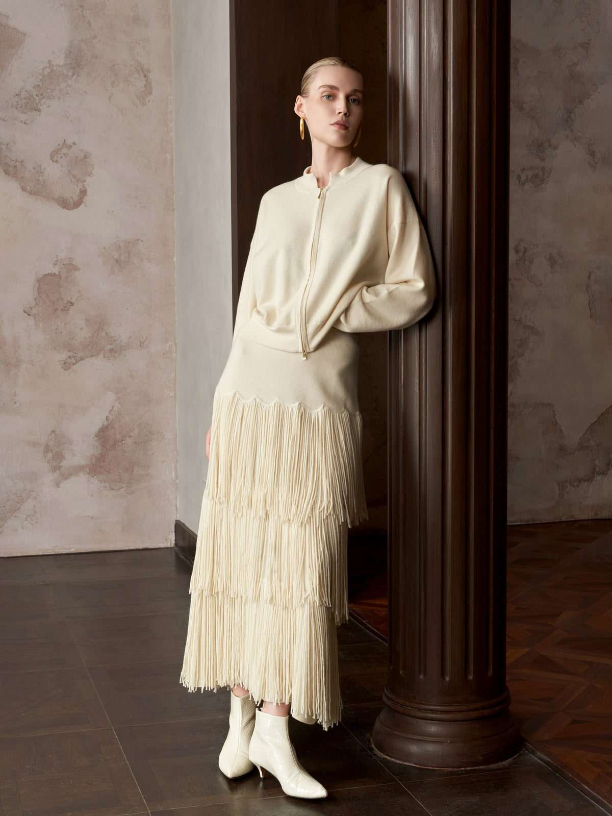 HSW Rainfall Set ivory merino wool bomber and scalloped skirt — front view