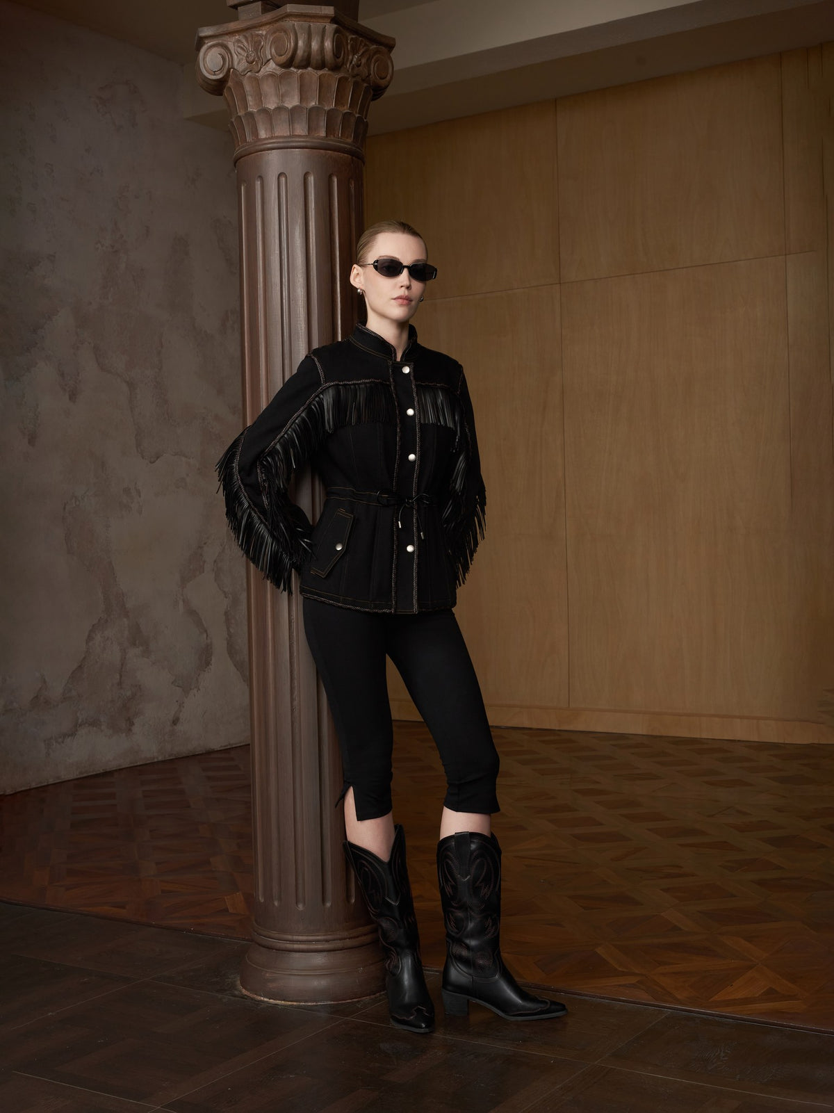HSW Western Fringe Jacket in black denim with PU leather fringe — front view