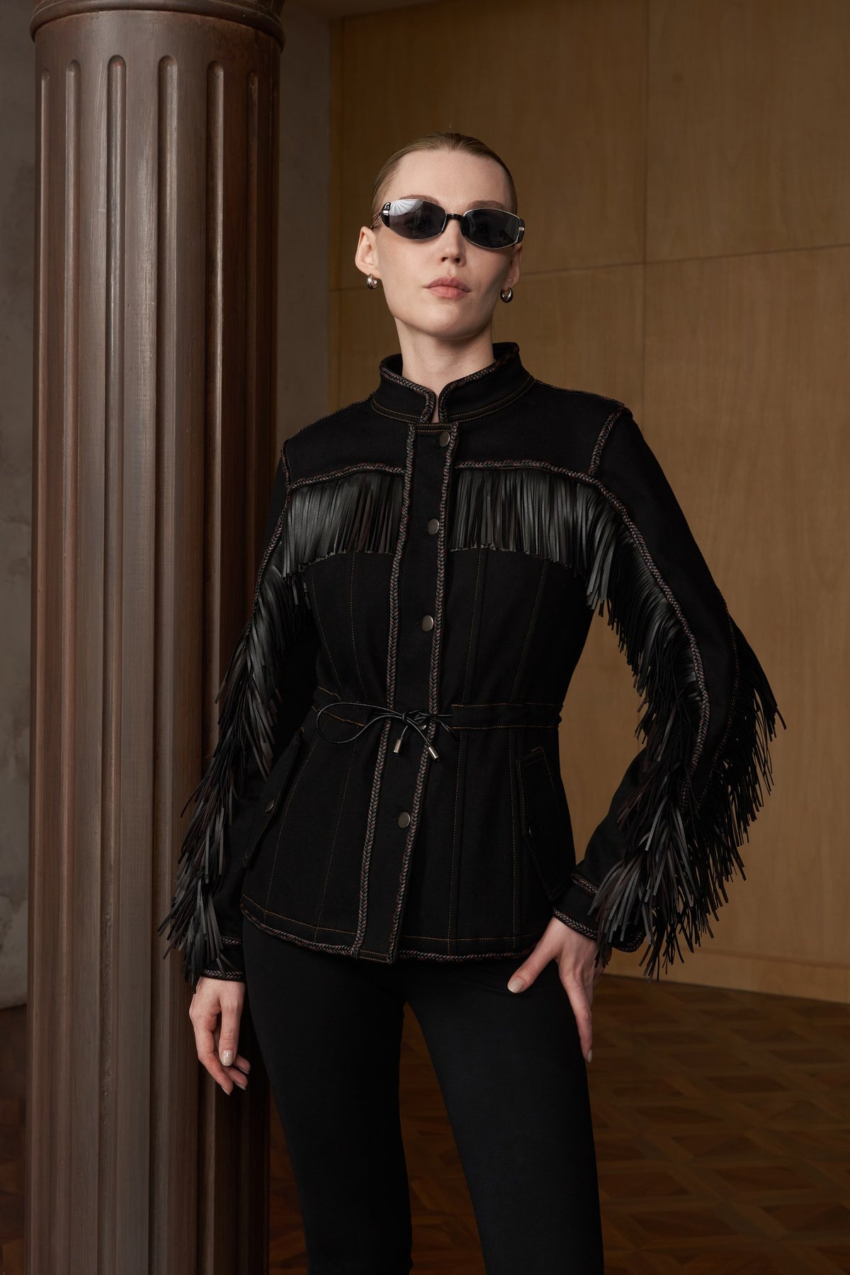 HSW Western Fringe Jacket drawstring stand collar detail