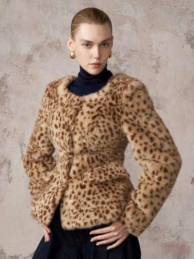 HSW Hourglass Leopard Coat in faux mink leopard print — front view