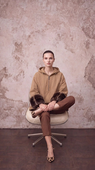 HSW Brown Raincoat with genuine removable chinchilla fur sleeve — front view