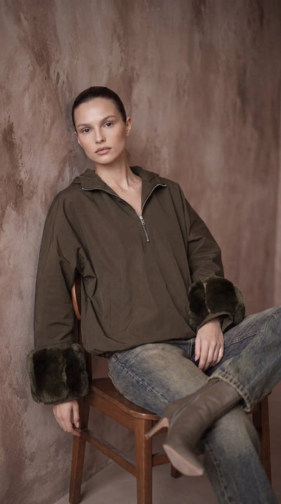HSW Green Raincoat chinchilla fur sleeve detail