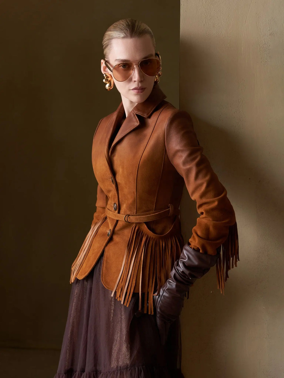 HSW Fringe Riding Jacket styled with wide-leg denim