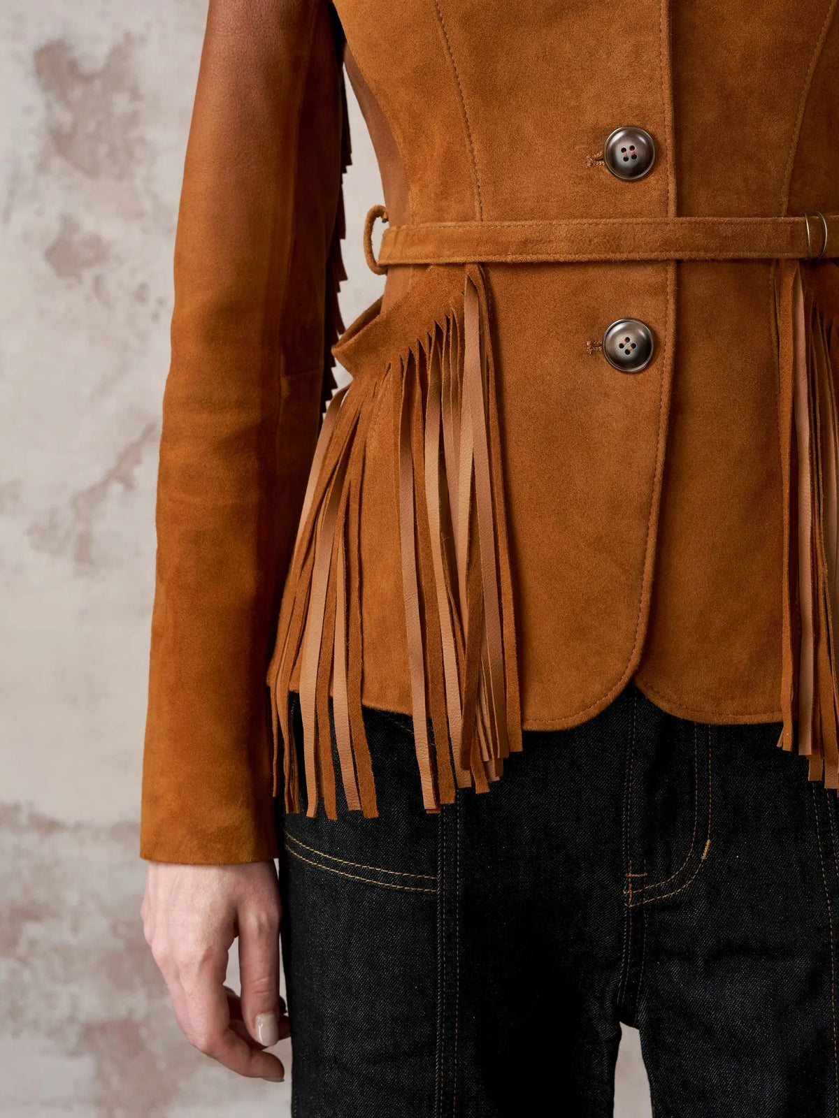 HSW Fringe Riding Jacket self-belt waist detail